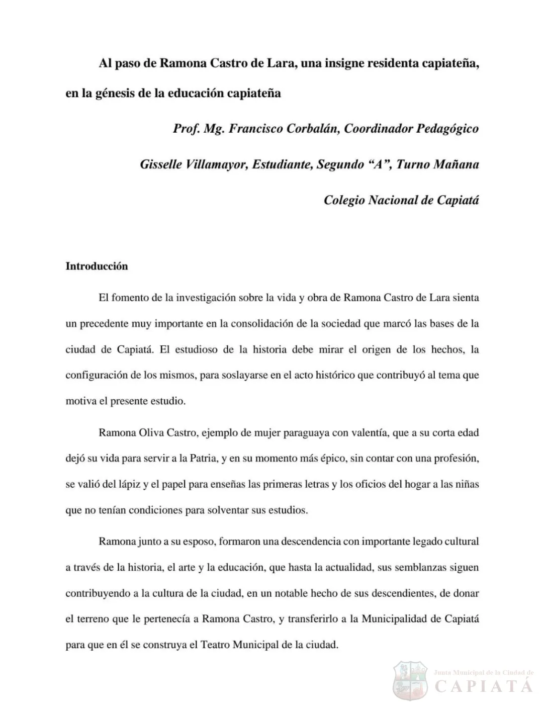 Trabajo ganador del Concurso Estudiantil "La vida, obra y legado de Ramona Castro de Lara", del CNC